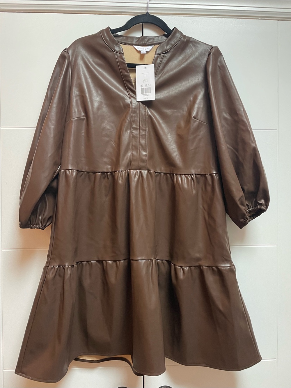 Crown & Ivy Women's 3/4 Puff Sleeve Vegan Leather Dress Women’s Size L Brown